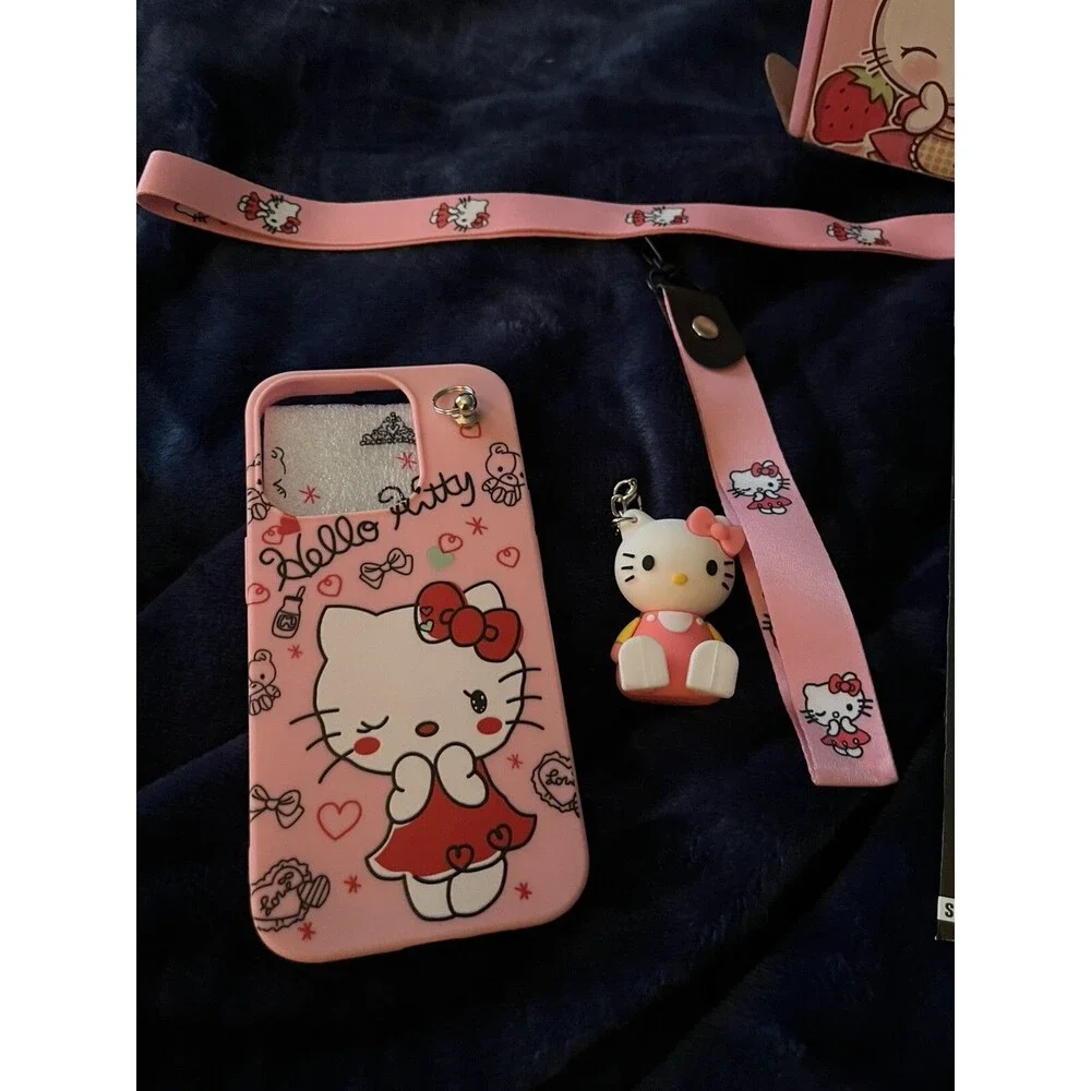 Hello Kitty  iPhone 15 Pro Phone Case Set Silicone Pink Keychain Tempered Glass